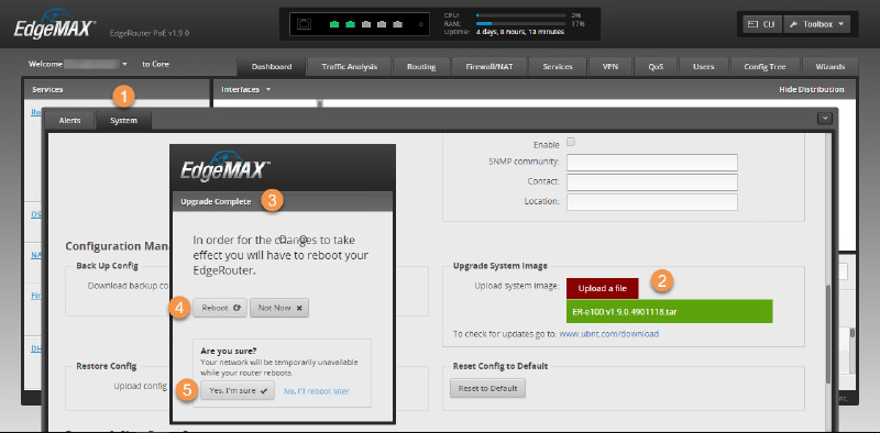Screenshot of the EdgeMAX interface showing the system upgrade process. The page includes options to upload a system image file and confirm a reboot for changes to take effect. Sections for configuration management and system alerts are visible.