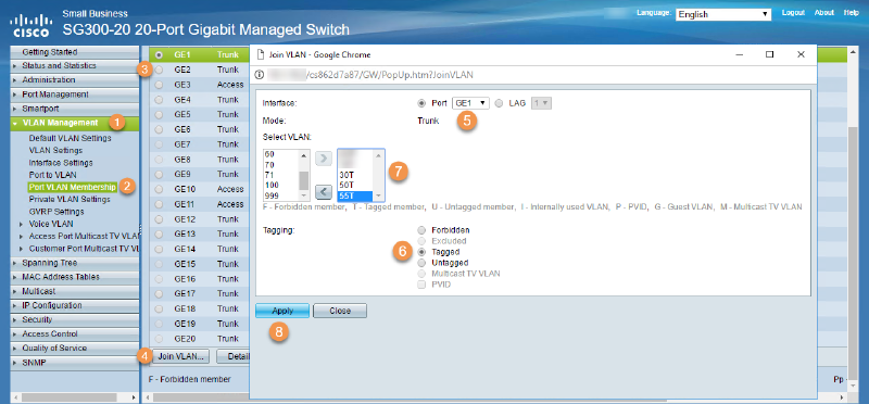 Cisco SG300-20 managed switch interface showing VLAN Management options. The Port VLAN Membership section is open, allowing configuration of port settings and VLAN tagging. Options include selecting Tagged, Untagged, or Forbidden for VLANs on the GE1 port. The VLAN list includes IDs 60, 70, 71, 100, and 999. The &ldquo;Apply&rdquo; button is visible.
