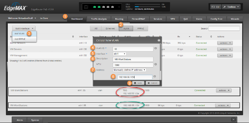 Screenshot of the EdgeMAX EdgeRouter interface showing VLAN configuration. The &ldquo;Create New VLAN&rdquo; window is open, displaying options to set VLAN ID, interface, description, MTU, and IP address. The background lists existing network interfaces with a newly created VLAN entry highlighted.