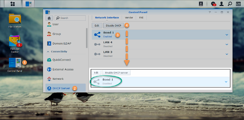 Screenshot of a network interface settings page on a computer desktop. The &ldquo;Bond 1&rdquo; network is shown, with options to edit and enable or disable DHCP. The desktop background includes application icons for File Station, Package Center, and Control Panel.