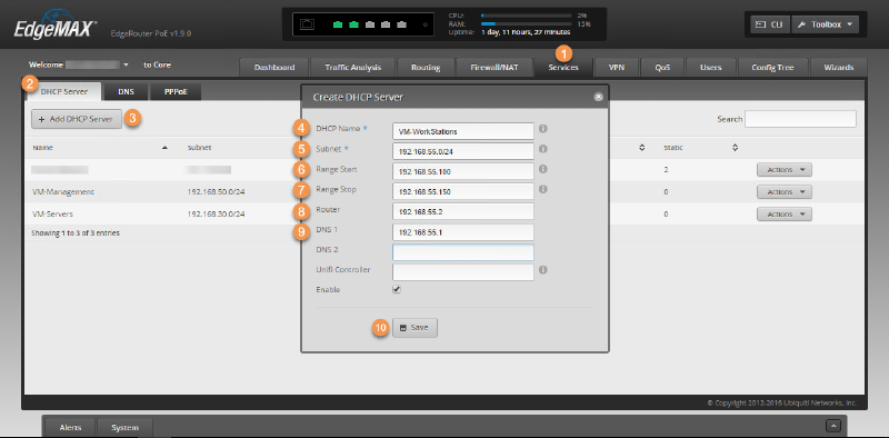 Screenshot of the EdgeMAX interface showing a &ldquo;Create DHCP Server&rdquo; window with fields for DHCP name, subnet, range start, range stop, router, DNS 1, DNS 2, and an enable checkbox. The background lists existing servers with associated subnets.