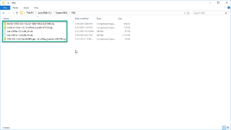 A screenshot of a file explorer showing a folder containing five files. The files are primarily compressed ZIP and VIB files, with names related to ESX and network drivers. The files have various sizes and dates modified listed.
