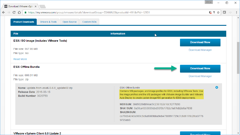 Screenshot of a VMware download page showing available downloads for ESXi, including an ISO image and an offline bundle. Files sizes are listed, with options to &ldquo;Download Now.&rdquo;
