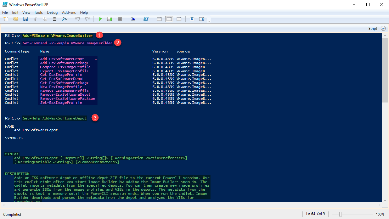 Screenshot of a Windows PowerShell Integrated Scripting Environment (ISE) showing commands related to VMware.ImageBuilder. The output lists several cmdlets such as &ldquo;Add-EsxSoftwarePackage&rdquo; and &ldquo;Get-EsxImageProfile.&rdquo; A command for getting help on &ldquo;Add-EsxSoftwareDepot&rdquo; with its syntax and description is partially visible.