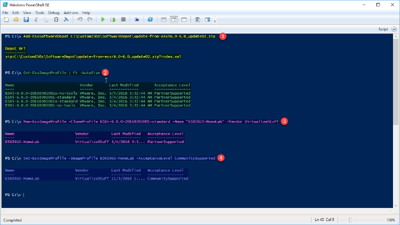 Screenshot of Windows PowerShell ISE displaying commands related to ESXi image profiles. The commands show adding a software depot, listing ESXi image profiles, cloning an image profile with specific parameters, and setting the acceptance level for a profile.