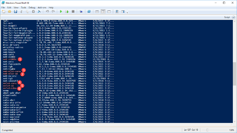 Screenshot of a Windows PowerShell ISE window displaying a list of driver names, versions, vendors, and installation dates. Several items are highlighted with red circles on the left side, including &ldquo;net-ixgbe&rdquo; and &ldquo;net-vmxnet3.&rdquo;