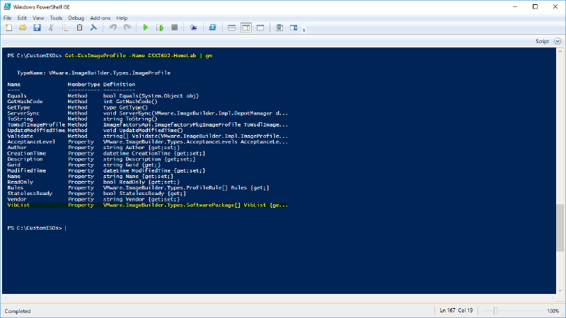 Screenshot of PowerShell ISE showing a command to get an ESXi image profile named &ldquo;ESX6I2U2-HomeLab&rdquo;. The displayed output lists the methods and properties of the VMware Image Profile.