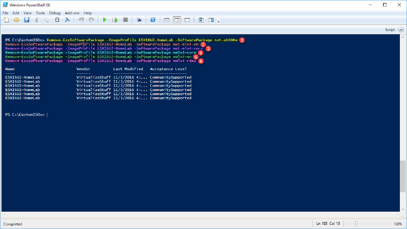 A PowerShell ISE window displaying a script with multiple &ldquo;Remove-EsxSoftwarePackage&rdquo; commands for an ESXI6U2-HomeLab. Errors are indicated by red markers. A table below shows the names, vendors, last modified dates, and acceptance levels of software packages.