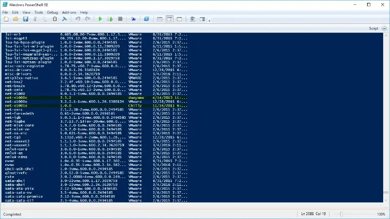 A screenshot of Windows PowerShell ISE displaying a list of VMware software components, versions, and release dates in a table format. Two lines are highlighted in green, showing different versions of the &ldquo;net-e1000e&rdquo; component with different providers and dates.