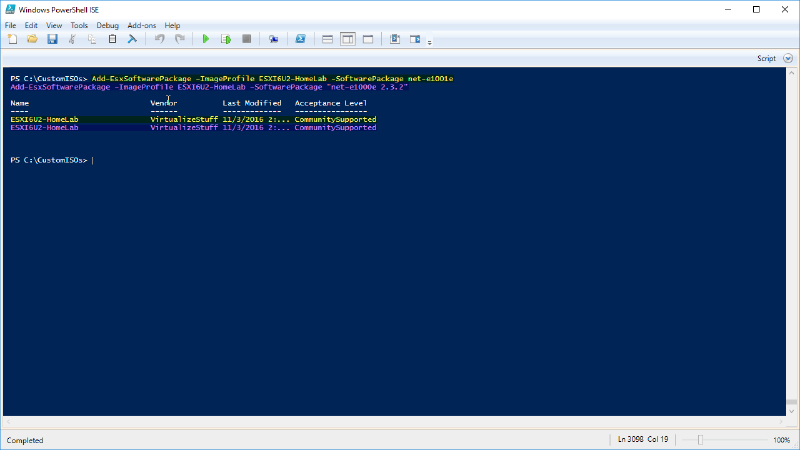Screenshot of Windows PowerShell ISE showing a command to add a software package to an ESXi image profile, with details about the image profile and software package displayed.