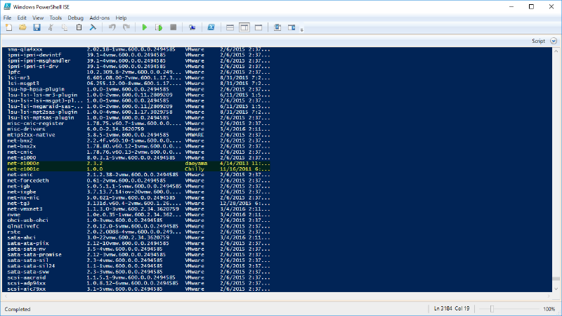 Screenshot of Windows PowerShell ISE displaying a list of network drivers and plugins with details such as version numbers, product names, dates, and vendors. Two lines are highlighted in yellow and green.