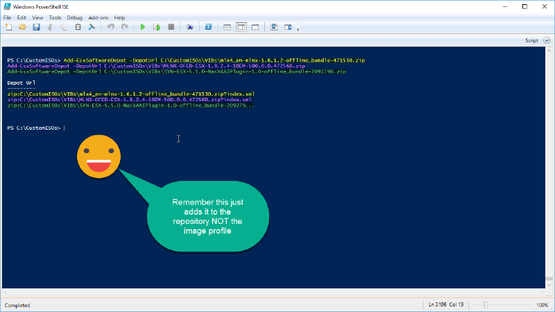 A PowerShell ISE window displays commands for adding software depots. There&rsquo;s a speech bubble from a smiley face saying, &ldquo;Remember this just adds it to the repository NOT the image profile.&rdquo;