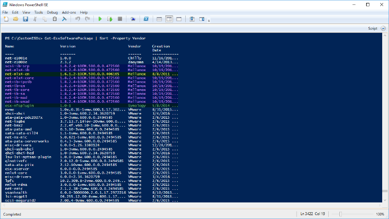 Screenshot of a Windows PowerShell ISE window displaying a command output. The command lists software packages, showing columns for Name, Version, Vendor, and Creation Date, with various entries from vendors like Mellanox and VMware.