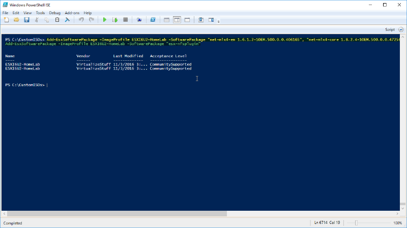 Screenshot of Windows PowerShell ISE showing commands for adding software packages to an image profile. The console window displays package details like name, vendor, last modified date, and acceptance level.