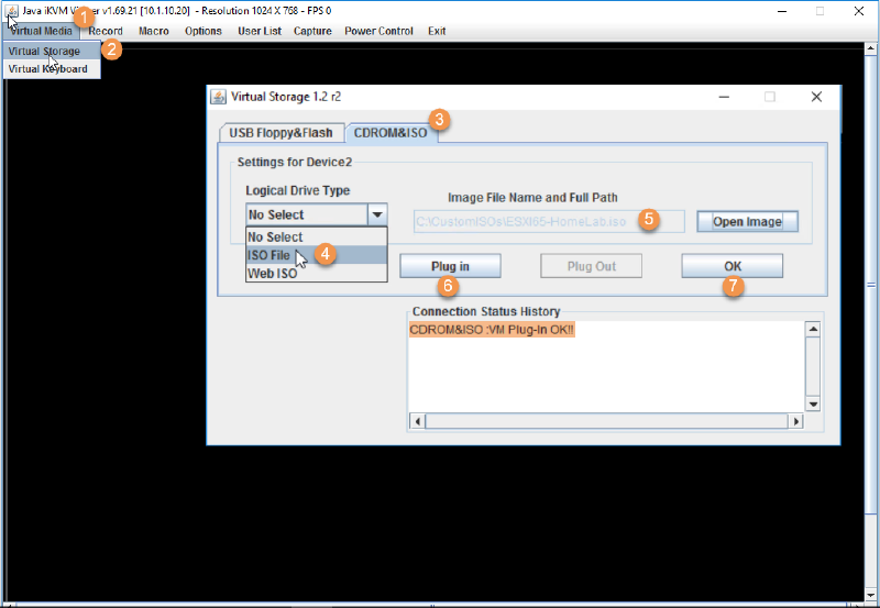The image shows a Java iKVM window with a &ldquo;Virtual Storage&rdquo; menu open. The &ldquo;CDROM&ISO&rdquo; tab is selected. Under &ldquo;Settings for Device2,&rdquo; the &ldquo;Logical Drive Type&rdquo; dropdown is displayed with &ldquo;ISO File&rdquo; selected. An ISO file path is visible, and there are buttons labeled &ldquo;Open Image,&rdquo; &ldquo;Plug in,&rdquo; &ldquo;Plug Out,&rdquo; and &ldquo;OK.&rdquo; The connection status history box confirms the VM plug-in is okay.