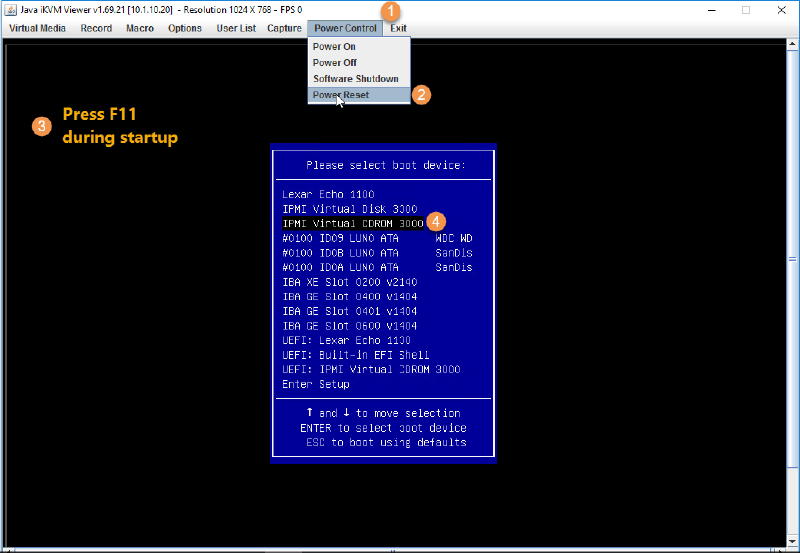 Screenshot of a Java iKVM Viewer interface. A dropdown menu under &ldquo;Power Control&rdquo; shows options such as &ldquo;Power On,&rdquo; &ldquo;Power Off,&rdquo; and &ldquo;Power Reset.&rdquo; A blue dialog box prompts the selection of a boot device with options like &ldquo;Lexar Echo 1100&rdquo; and &ldquo;IPMI Virtual CDROM 3000.&rdquo; Instructions on the left indicate to press F11 during startup.