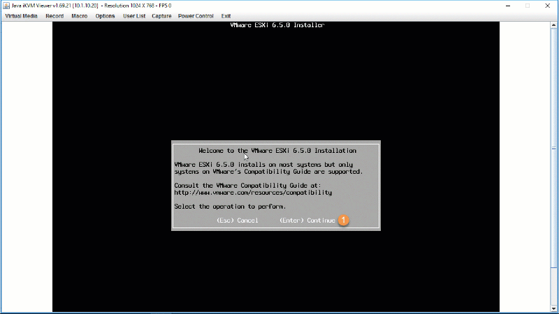 Screenshot of a VMware ESXi 6.5.0 installation screen, showing a welcome message with options to cancel or continue.