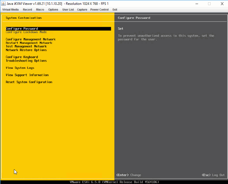 Screenshot of a VMware ESXi 6.5.0 configuration screen within a Java iKVM Viewer. The menu on the left is highlighted on &ldquo;Configure Password,&rdquo; with options like &ldquo;Configure Management Network&rdquo; and &ldquo;View System Logs.&rdquo; The right panel provides instructions for setting a password.