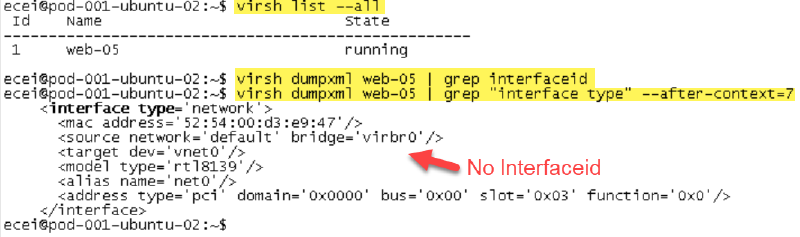 Terminal output showing a running virtual machine &ldquo;web-05&rdquo; with network interface details. A red arrow points to the absence of an &ldquo;Interfaceid&rdquo; line in the XML configuration.