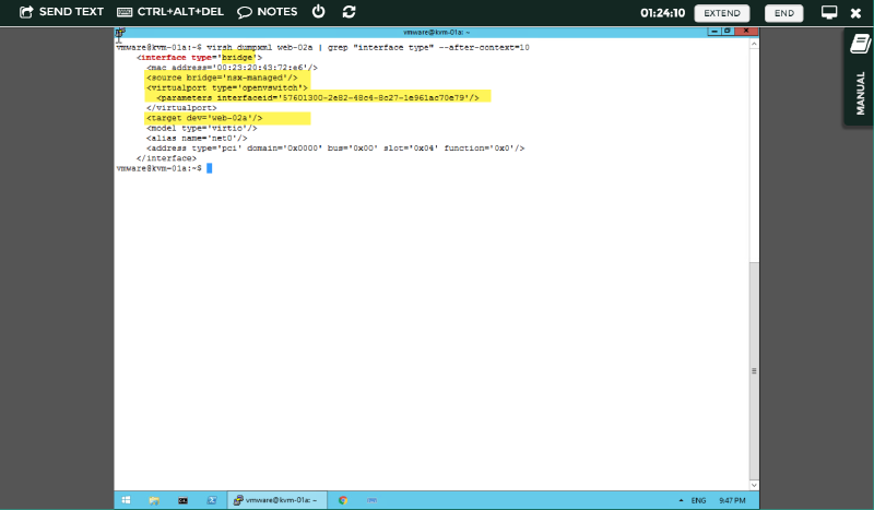 A terminal window displaying a command executed by a user on a virtual machine. The output shows an XML snippet of a network interface with highlighted parameters. The interface type is &ldquo;bridge,&rdquo; and other details include MAC address, source bridge, and virtual port parameters.