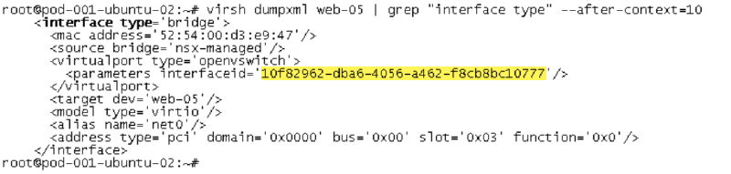 Terminal screenshot showing the XML configuration of a network interface. The interface is of type &ldquo;bridge&rdquo; with a MAC address, source bridge, virtual port, target device, model type, alias name, and PCI address details. The &ldquo;interfaceid&rdquo; is highlighted in yellow.