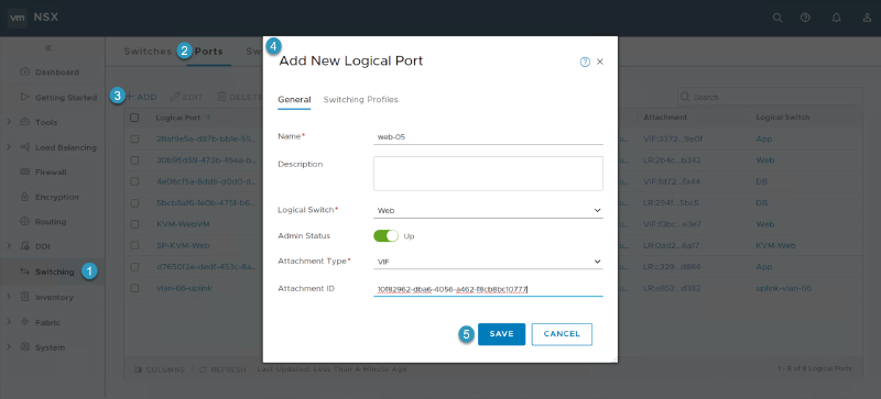 Screenshot of the &ldquo;Add New Logical Port&rdquo; dialog in a network management interface. It shows fields for Name, Description, Logical Switch, Admin Status, Attachment Type, and Attachment ID. The Logical Switch is set to &ldquo;Web,&rdquo; Admin Status is &ldquo;Up,&rdquo; and there are options to save or cancel.