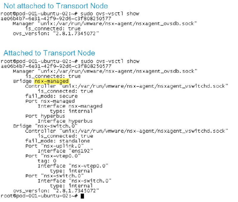 Screenshot of a terminal showing two Open vSwitch configurations. The first is &ldquo;Not attached to Transport Node&rdquo; with basic details, while the second is &ldquo;Attached to Transport Node&rdquo; with a more complex configuration, including details of bridges and ports.