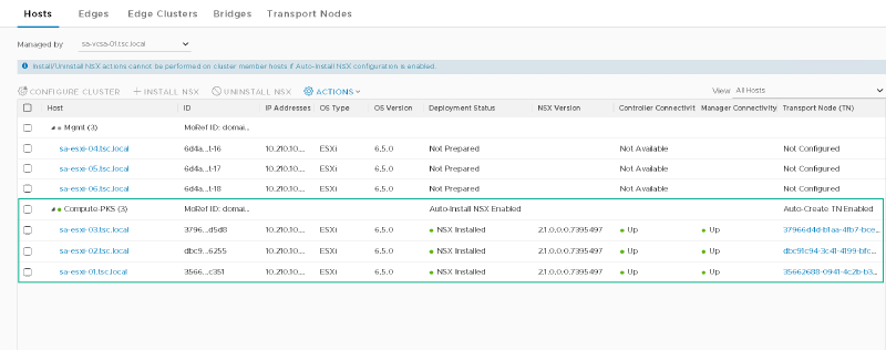 A screenshot of a software interface displaying a list of hosts under &ldquo;Mgmt&rdquo; and &ldquo;Compute-PKS&rdquo; categories. Hostnames, IP addresses, OS types, OS versions, deployment statuses, NSX versions, and connectivity statuses are shown. Some entries indicate &ldquo;NSX Installed&rdquo; with a status of &ldquo;Up.&rdquo;