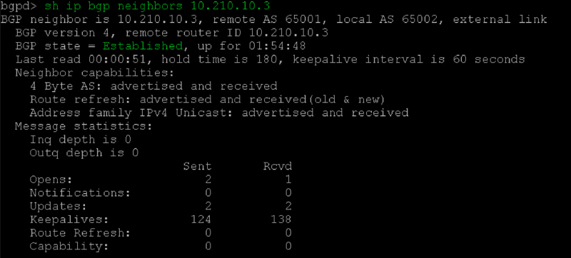 A terminal screen displaying BGP neighbor information. The neighbor at IP address 10.210.10.3 is established, with message statistics showing keepalives sent and received. Various neighbor capabilities and session details are listed.