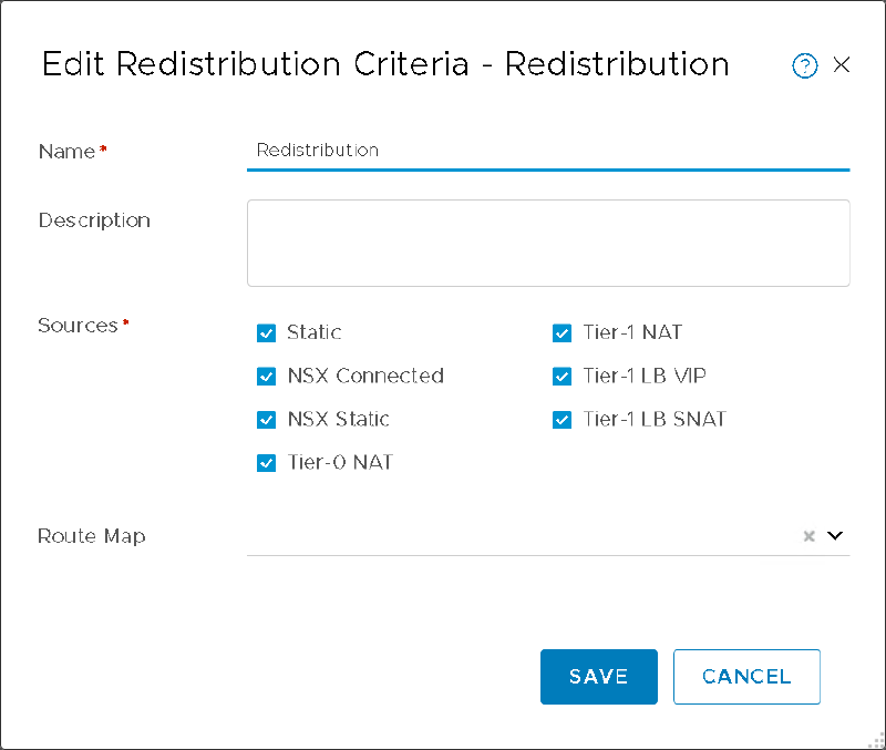 A settings window titled &ldquo;Edit Redistribution Criteria - Redistribution&rdquo; with fields for Name, Description, Sources, and Route Map. The Name is set to &ldquo;Redistribution.&rdquo; Checkboxes for various sources are selected, including Static, NSX Connected, NSX Static, Tier-0 NAT, Tier-1 NAT, Tier-1 LB VIP, and Tier-1 LB SNAT. There are &ldquo;Save&rdquo; and &ldquo;Cancel&rdquo; buttons at the bottom.