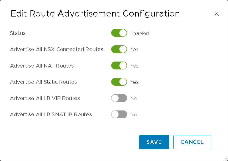 Settings interface for &ldquo;Edit Route Advertisement Configuration&rdquo; with toggles for enabling route advertising. Options for NSX Connected, NAT, and Static Routes are enabled, while LB VIP and SNAT IP Routes are disabled. Save and Cancel buttons are at the bottom.