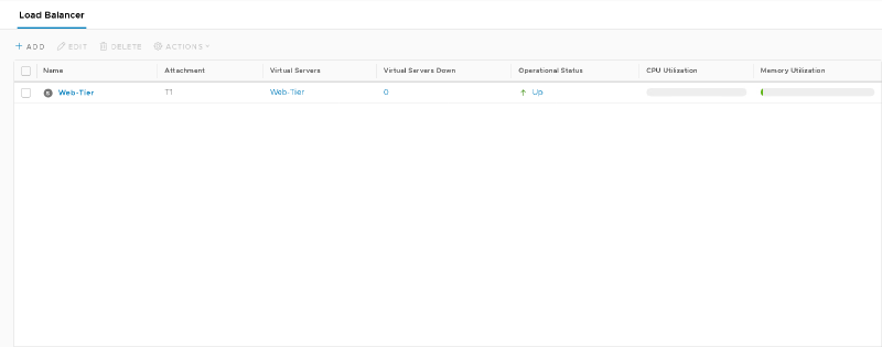 Screenshot of a Load Balancer dashboard showing a service named &ldquo;Web-Tier.&rdquo; It displays details like attachment &ldquo;T1,&rdquo; no virtual servers down, operational status &ldquo;Up,&rdquo; and CPU and memory utilization bars.