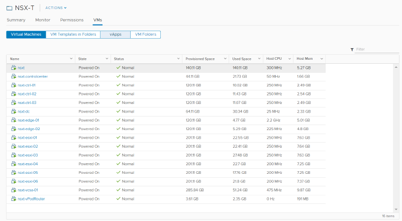 A screenshot of the NSX-T dashboard displaying a list of virtual machines. It shows details such as name, state, status, provisioned space, used space, host CPU, and host memory for each virtual machine. All machines are powered on and have a status of &ldquo;Normal.&rdquo;