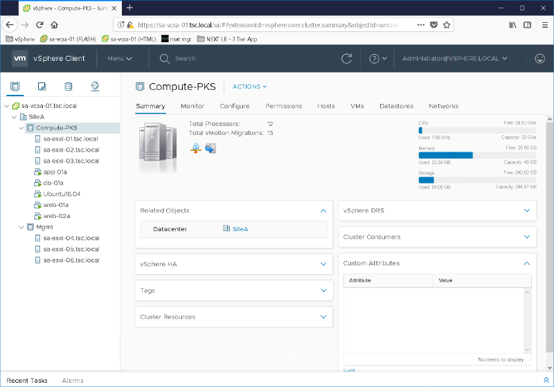 Screenshot of the vSphere Client interface showing the summary tab for &ldquo;Compute-PKS&rdquo; under &ldquo;SiteA&rdquo;. It displays total processors (12), vMotion migrations (13), and resource usage for CPU, memory, and storage. The left pane lists network items, and the right pane includes related objects, and sections for vSphere DRS, HA, tags, cluster resources, and custom attributes.