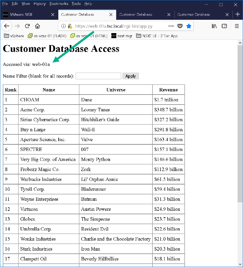 A browser window displaying a fictional customer database with a list of companies from various universes. The table shows their rank, name, universe, and revenue. The page header indicates access via &ldquo;web-01a&rdquo;.