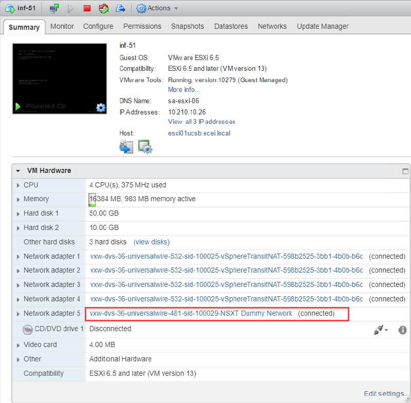 Screenshot of a virtual machine summary in VMware showing details like the guest OS version (VMware ESXi 6.5), compatibility, hardware specifications (CPU, memory, hard disks), and connected networks. One network adapter is highlighted, indicating connection to a &ldquo;NSX-T Dummy Network.&rdquo;
