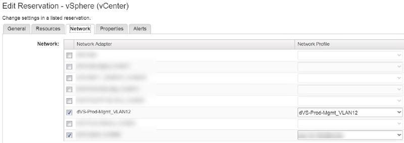 A screenshot of the &ldquo;Edit Reservation&rdquo; page in vSphere (vCenter), focused on the &ldquo;Network&rdquo; tab. It shows a panel with network adapter options, listing various networks and associated network profiles. Some options are checked, with &ldquo;dVS-Prod-Mgmt_VLAN12&rdquo; selected. Tabs include General, Resources, Network, Properties, and Alerts.