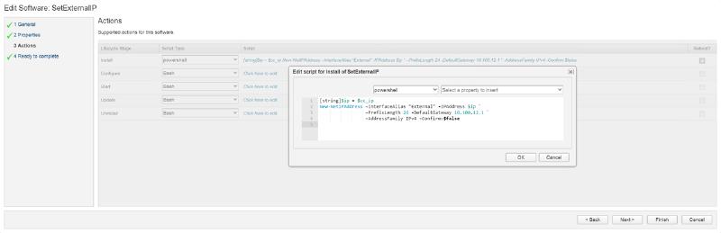 A software editing interface for &ldquo;SetExternalIP&rdquo; displaying actions in different lifecycle stages. The &ldquo;Install&rdquo; script is shown in a pop-up, written in PowerShell, for setting an external IP address with specified parameters.