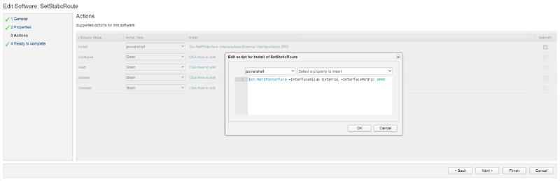Screenshot of software configuration interface titled &ldquo;Edit Software: SetStaticRoute,&rdquo; displaying lifecycle stages with script types (Powershell and Bash). The highlighted &ldquo;Install&rdquo; stage shows a Powershell script command for setting a network interface. A dialog box allows script editing.