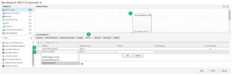 User interface of a software application for designing a new NSX-T environment. It shows a design canvas on the right and various menu categories on the left, including Machine Types and Network & Security. A configuration for a network called &ldquo;vSpherePodRouterNAT&rdquo; is displayed, with options for assignment type and address.