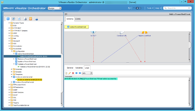 Screenshot of VMware vRealize Orchestrator showing a task to &ldquo;Add a PowerShell host&rdquo; with a message indicating successful addition. The interface includes a schema workflow with steps like &ldquo;Is SSL?,&rdquo; &ldquo;Construct URL,&rdquo; and &ldquo;Import a certificate.&rdquo; Various folders and tasks are displayed on the left pane.
