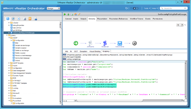 Screenshot of the VMware vRealize Orchestrator interface, showing a script for a workflow named &ldquo;SetSecurityPolicyOnPortGroups.&rdquo; The interface includes tabs for General, Inputs, Outputs, and more, as well as a navigation panel on the left displaying workflow components and a script editor on the right with highlighted JavaScript code.