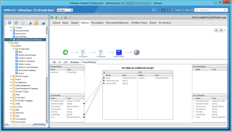 Screenshot of VMware vRealize Orchestrator interface displaying the workflow &ldquo;SetSecurityPolicyOnPortGroups.&rdquo; The left pane shows a hierarchical library of tasks, and the central area features a schema with visual workflow elements connected by arrows. Below is a panel for configuring input and output parameters for an external script invocation.