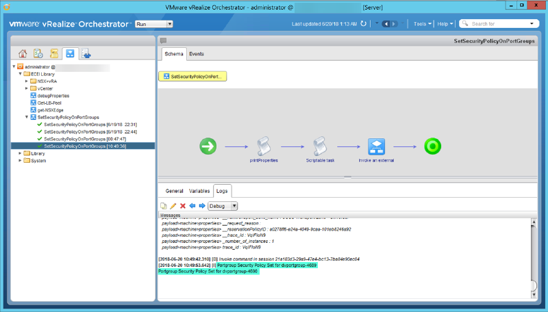 Screenshot of VMware vRealize Orchestrator showing a workflow named &ldquo;SetSecurityPolicyOnPortGroups&rdquo; with steps like printProperties, Scriptable task, and Invoke an external. The left panel lists scripts and folders, while the bottom panel displays log messages.