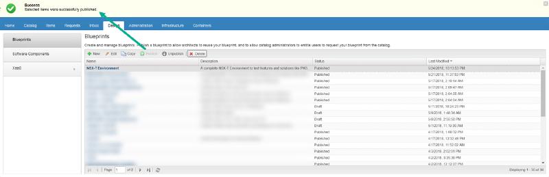 Screenshot of a web interface showing a &ldquo;Success&rdquo; message indicating selected items were published. The interface displays a list of blueprints with columns for name, description, status, and last modified date.