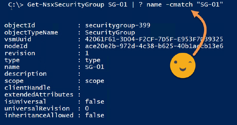 Command prompt displaying details of a security group named &ldquo;SG-01&rdquo; with a smiling emoji and arrow pointing to the name filter.