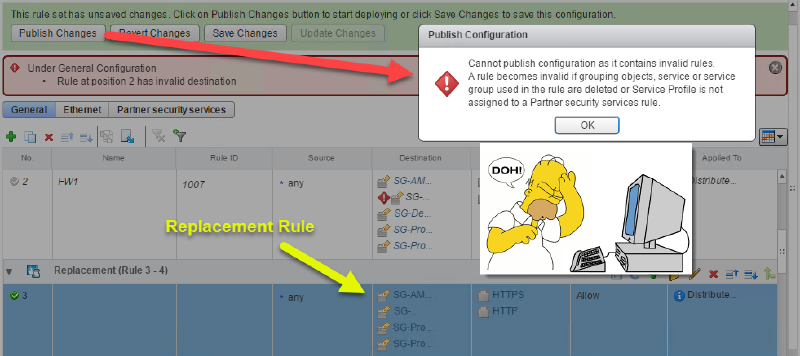 Screenshot of a configuration interface showing a warning message stating: &ldquo;Under General Configuration - Rule at position 2 has invalid destination.&rdquo; An additional popup says: &ldquo;Cannot publish configuration as it contains invalid rules.&rdquo; Below, there&rsquo;s a cartoon character expressing frustration while looking at a computer.