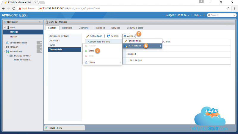 Screenshot of a VMware ESXi management interface showing the &ldquo;Time & date&rdquo; settings under the &ldquo;Manage&rdquo; tab. A dropdown menu is open under &ldquo;Actions,&rdquo; highlighting options for editing NTP service settings. The network section is visible on the left sidebar.