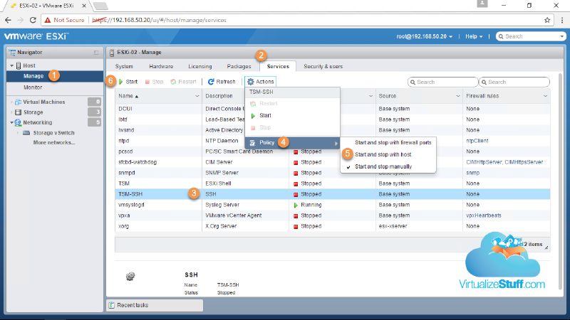 Screenshot of a VMware ESXi interface showing a list of services under the &ldquo;Services&rdquo; tab. The TSM-SSH service is highlighted, indicating its status as &ldquo;Stopped&rdquo;. The &ldquo;Actions&rdquo; dropdown menu is open, displaying options for service management.