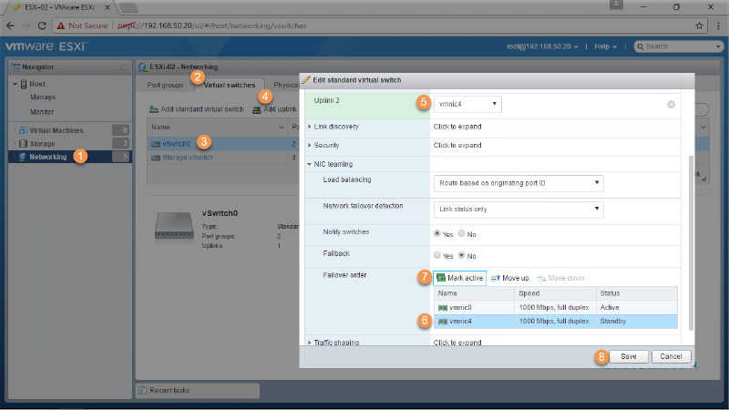 A screenshot of the VMware ESXi interface, specifically the networking section. The image shows an &ldquo;Edit standard virtual switch&rdquo; window where settings for Uplinks, NIC teaming, load balancing, and failover order are being configured. The selected uplink is &ldquo;vmnic4&rdquo; with options for marking active or moving it. There are &ldquo;Save&rdquo; and &ldquo;Cancel&rdquo; buttons at the bottom.